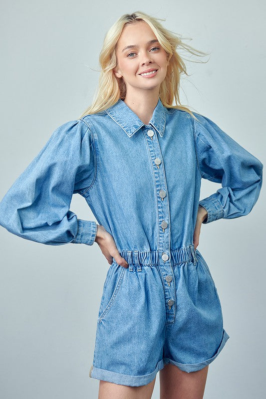 Vintage Roll Up Denim Short Romper us.meeeshop -  Jumpsuits & Rompers