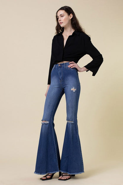 Vibrant MIU High Rise Flare Medium Stone Jeans | us.meeeshop