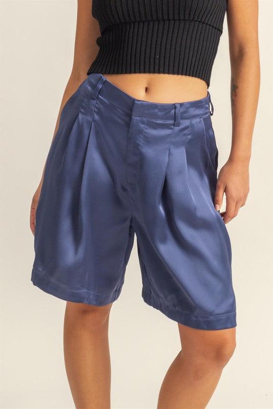 HYFVE High-Waist Pleated Satin Shorts in Dusty Blue - us.meeeshop