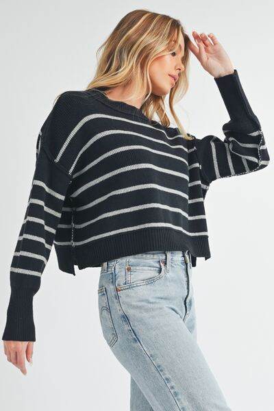 Aemi + Co Side Slit Striped Round Neck Knit Top - us.meeeshop