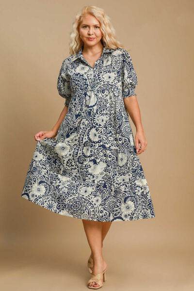 Umgee Printed Smocked Cuff Puff Sleeve Midi Dress Plus Size - us.meeeshop