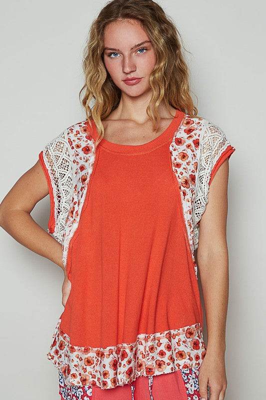 POL Floral Frayed Hem Crochet Cap Sleeve Top - us.meeeshop