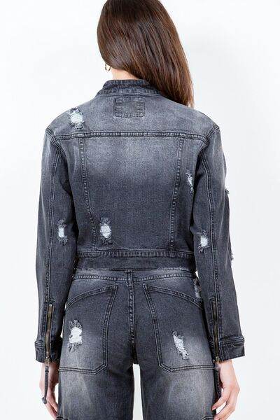 American Bazi Distressed Star Stud Trim Denim Rider Jacket Plus Size - us.meeeshop