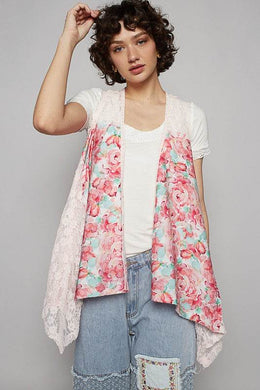 POL Lace Patchwork Floral Open Front Sleeveless Cardigan