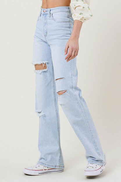 Vibrant MIU Distressed Wide Leg Jeans | us.meeeshop