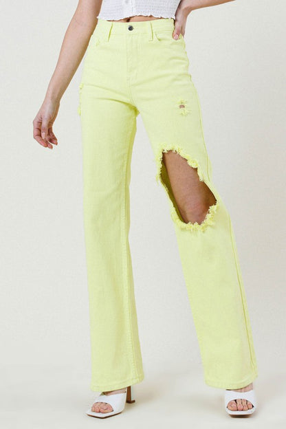 Vibrant MIU Distressed Wide Cut Straight Leg Jeans | us.meeeshop