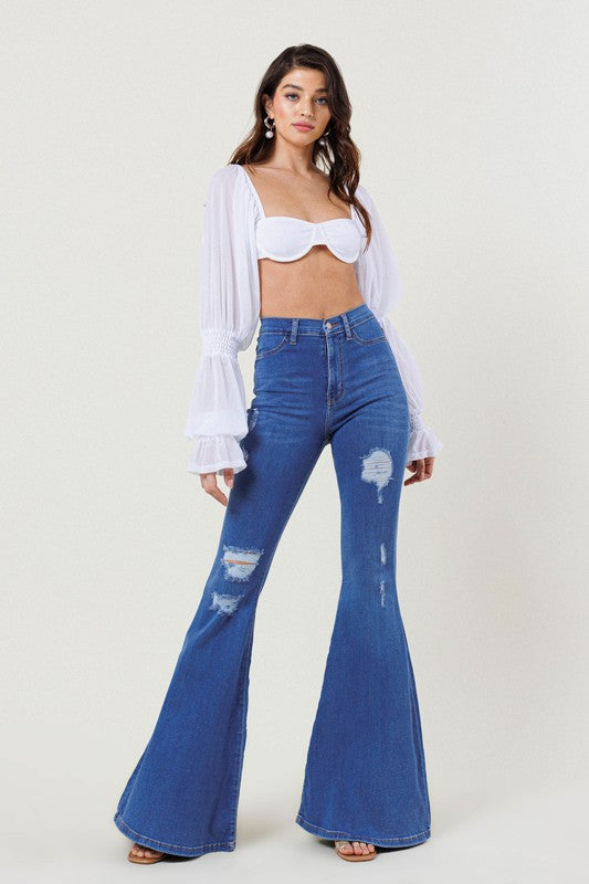 Vibrant MIU High-Rise Distressed Flare Jeans | us.meeeshop