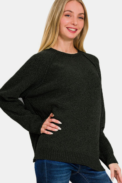 Zenana Side Slit Raglan Sleeve Sweater In Black