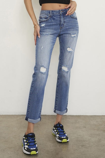 Mid Rise Slim Boyfriend Jeans us.meeeshop -  Pants