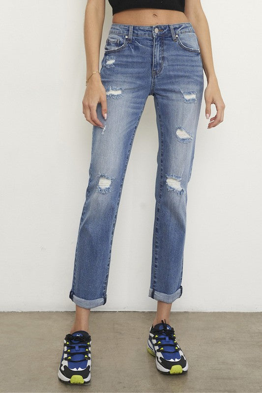 Mid Rise Slim Boyfriend Jeans us.meeeshop -  Pants