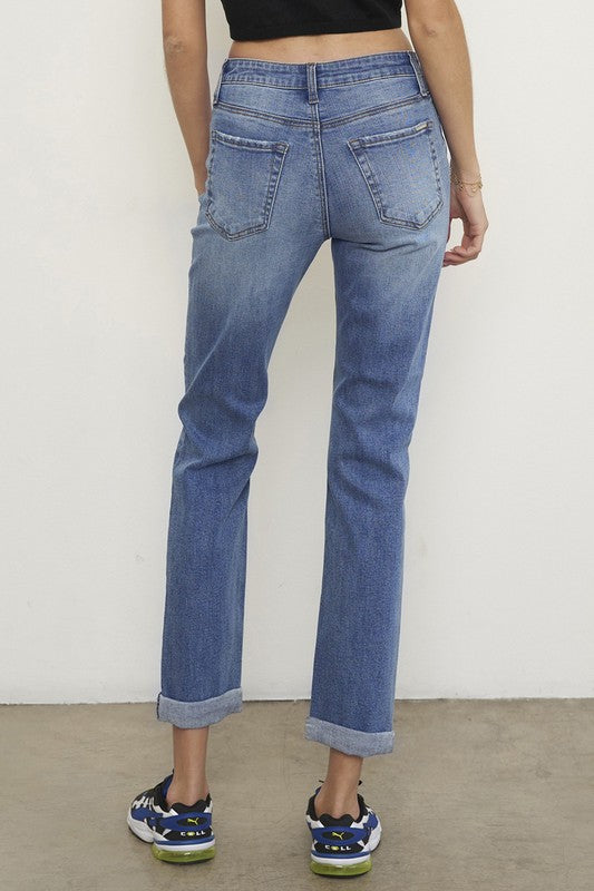 Mid Rise Slim Boyfriend Jeans us.meeeshop -  Pants