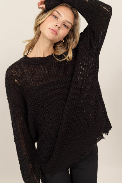 HYFVE Distressed Long Sleeve Knit Top In Black