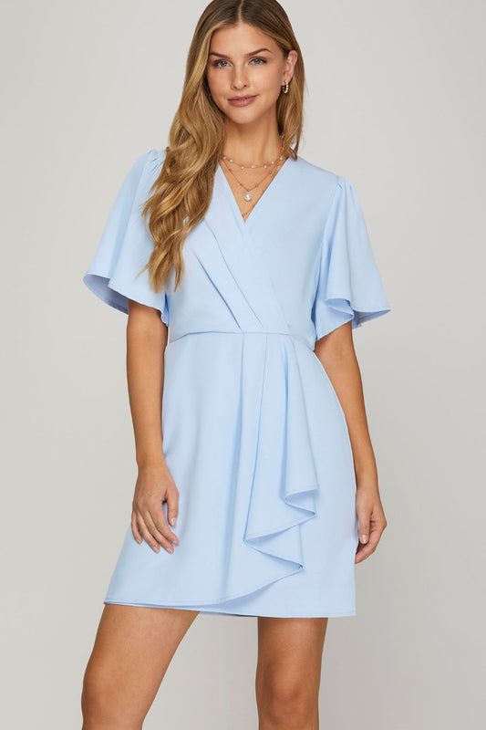 She + Sky Ruffled Surplice Short Flutter Sleeve Mini Dress in Light Blue - us.meeeshop