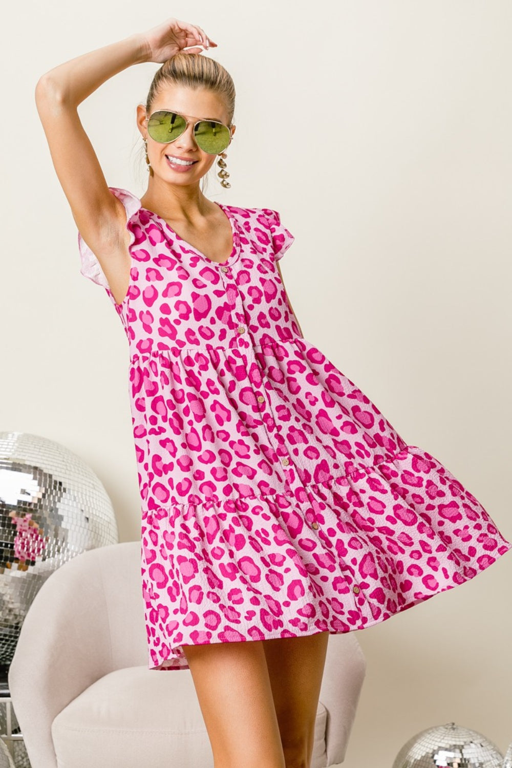 BiBi Leopard Cap Sleeve Tiered Mini Dress | us.meeeshop