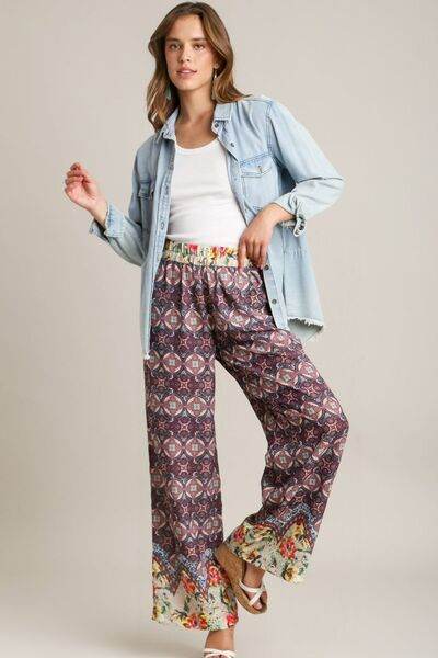 Umgee Mixed Print Elastic Waistband Pants Plus Size - us.meeeshop