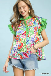 Umgee Ruffle Trim Paisley Floral Top