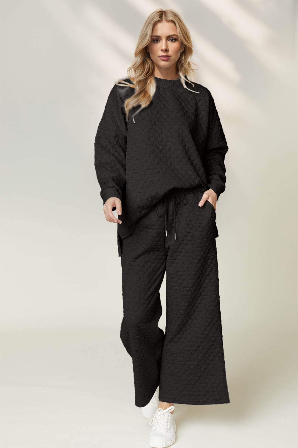 Double Take Checkered Slit High-Low Round Neck Top and Wide Leg Pants Set - us.meeeshop