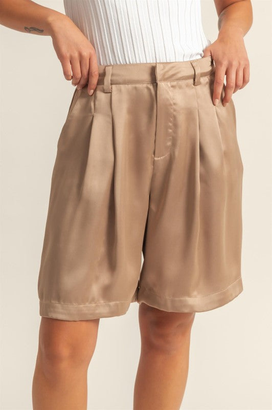 HYFVE High-Waist Pleated Satin Shorts - us.meeeshop