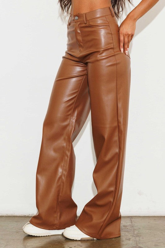 Vibrant MiU Vegan Leather Wide Leg Pants in Cognac | us.meeeshop