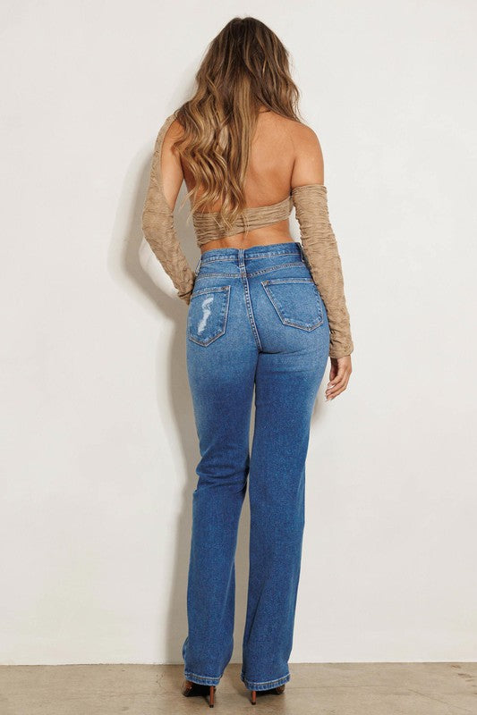 Vibrant MIU High Rise Subtle Distressed Straight Jeans | us.meeeshop