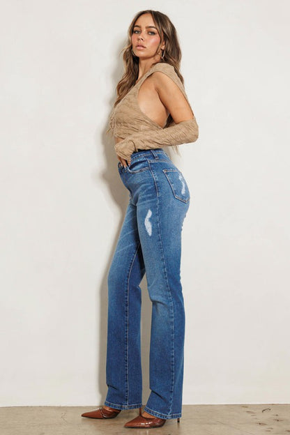 Vibrant MIU High Rise Subtle Distressed Straight Jeans | us.meeeshop