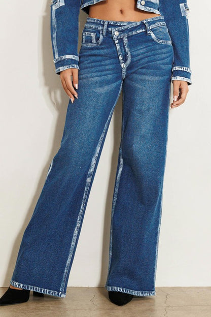 Vibrant MIU Crossed Low Rise Hand Blush Painting Wide Jeans | us.meeeshop