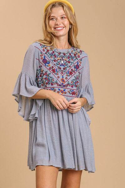 Umgee Floral Embroidered 3/4 Bell Sleeve Keyhole Dress Plus Size - us.meeeshop