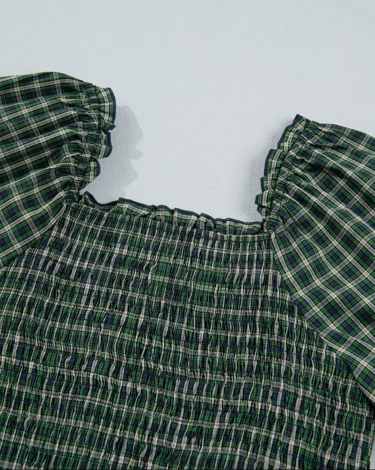 Daisy Plaid Square Neck Shirred High Waist Ruffle Hem Dress