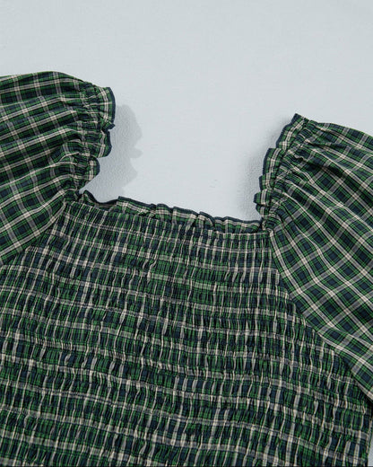 Daisy Plaid Square Neck Shirred High Waist Ruffle Hem Dress