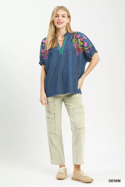 umgee embroidered denim Umgee Embroidered Denim Puff Sleeve Top view 2 (top) - shop at us.meeeshop