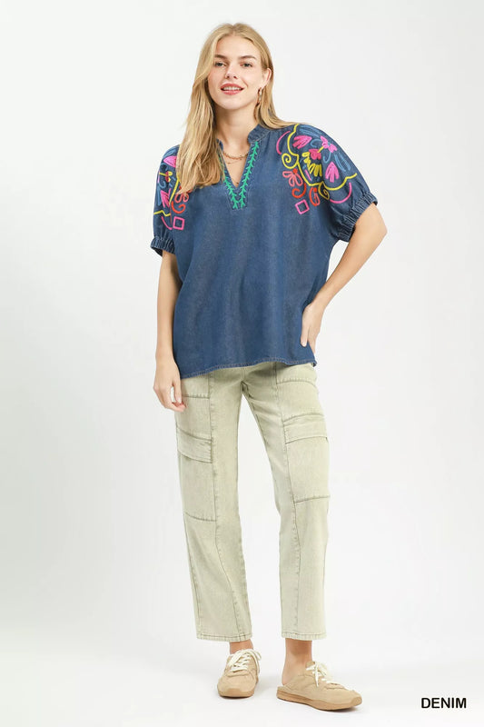 umgee embroidered denim Umgee Embroidered Denim Puff Sleeve Top view 2 (top) - shop at us.meeeshop