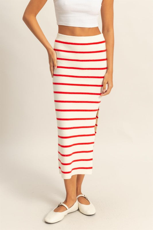 HYFVE Side Slit Striped Bodycon Sweater Skirt in Red - us.meeeshop