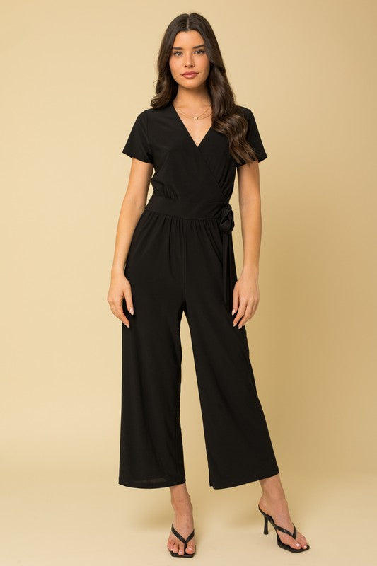 Gilli Solid Surplice Cropped Jumpsuit with Faux Wrap | us.meeeshop