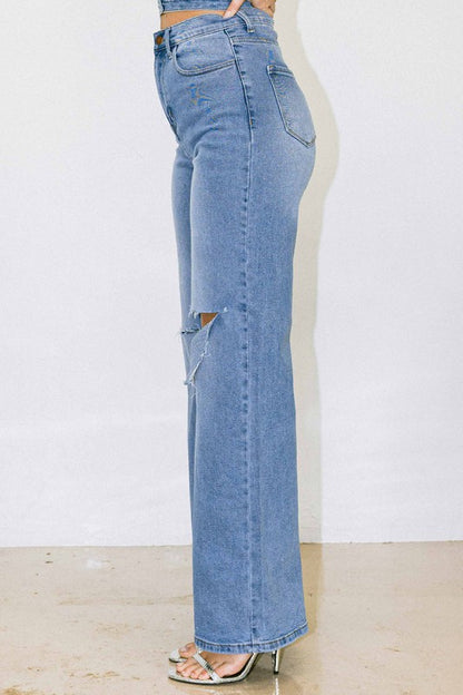 Vibrant MIU Distressed Wide Fit Jeans | us.meeeshop
