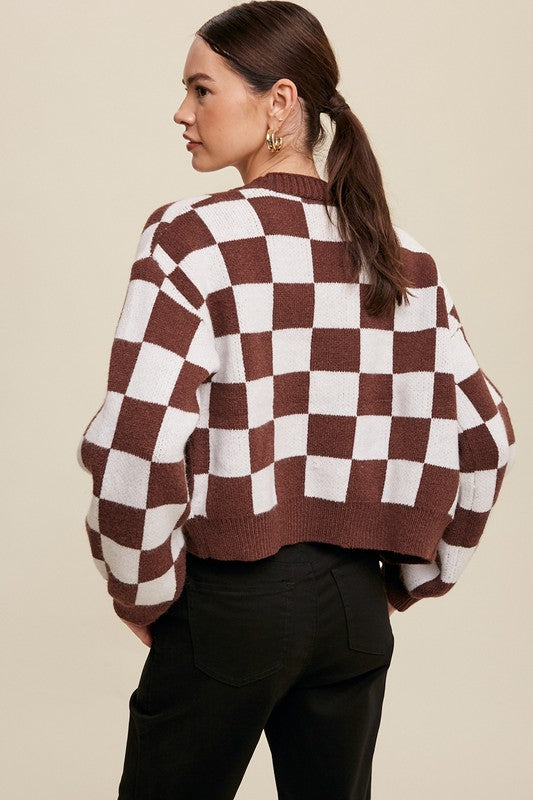 Listicle Bold Gingham Sweater Weaved Crop Cardigan | us.meeeshop