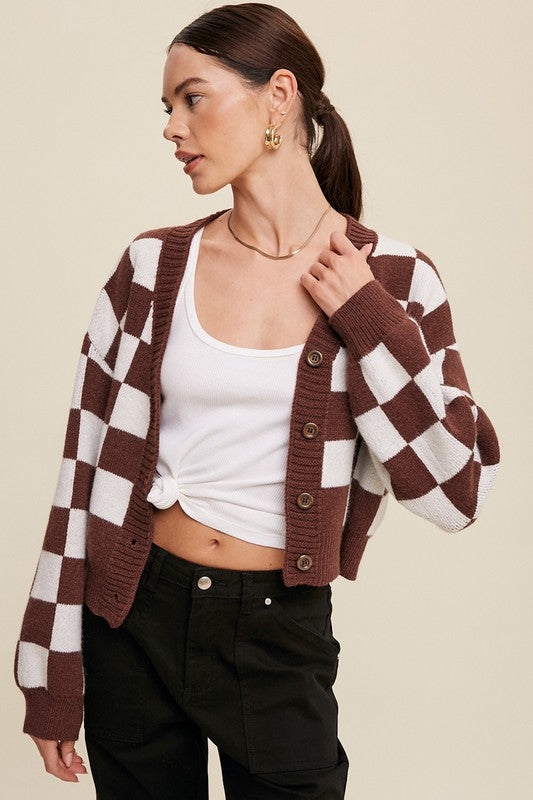 Listicle Bold Gingham Sweater Weaved Crop Cardigan | us.meeeshop