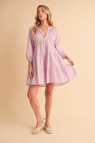 Aemi + Co Notched Balloon Sleeve Tiered Mini Dress - us.meeeshop