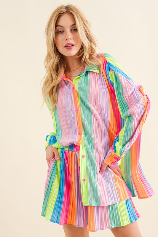 Blue B Press Pleated Rainbow Shirt with Matching Shorts | us.meeeshop