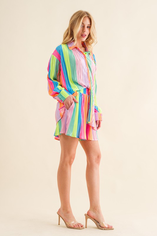 Blue B Press Pleated Rainbow Shirt with Matching Shorts | us.meeeshop