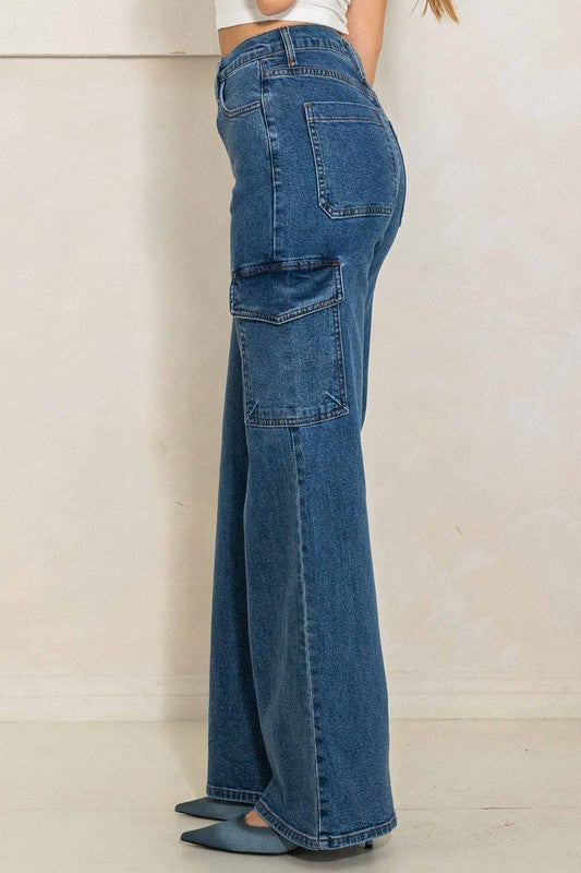 Vibrant MIU High Rise Crossed Waist Cargo Wide Jeans | us.meeeshop