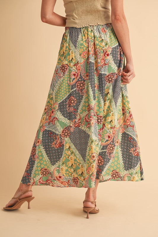 Aemi + Co Printed Maxi Skirt in Sage/Golden - us.meeeshop