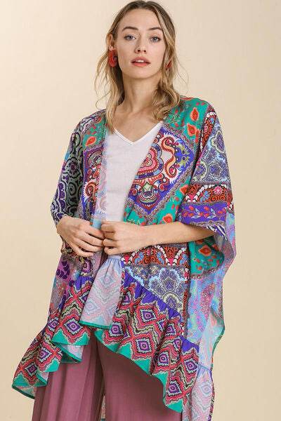 Umgee Mixed Print Ruffle Hem Open Front Cover Up Plus Size - us.meeeshop