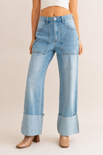 LE LIS High-Waisted Wide Leg Cuffed Jeans | us.meeeshop