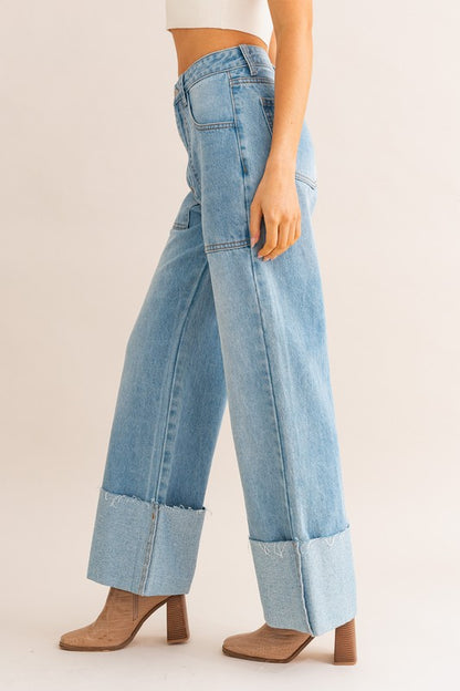 LE LIS High-Waisted Wide Leg Cuffed Jeans | us.meeeshop