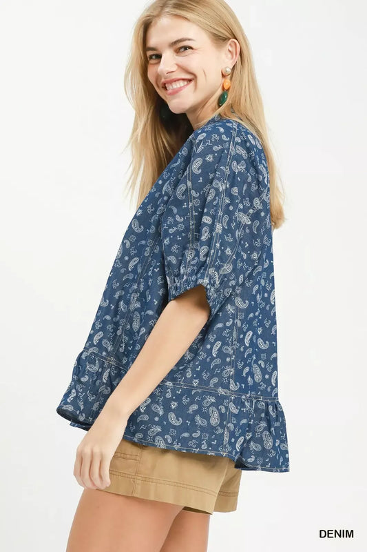 umgee paisley print Umgee Paisley Print Chambray Top view 2 (top) - shop at us.meeeshop
