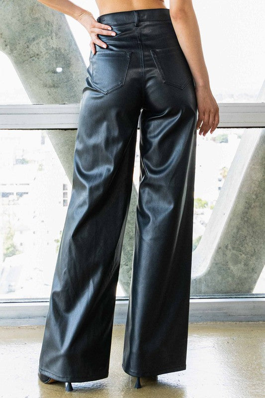Vibrant MiU Vegan Leather Wide Leg Pants In Black | us.meeeshop