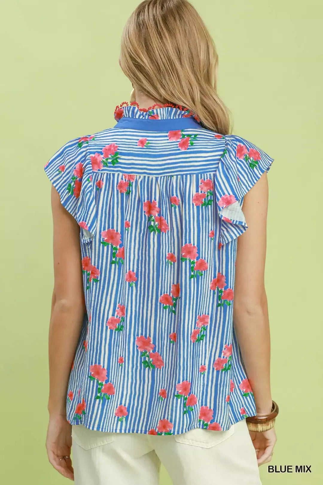 umgee striped floral Umgee Striped Floral Ruffle Sleeve Top with Contrast Trim view 3 (top) - shop at us.meeeshop