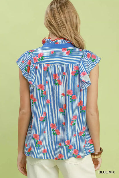 umgee striped floral Umgee Striped Floral Ruffle Sleeve Top with Contrast Trim view 3 (top) - shop at us.meeeshop