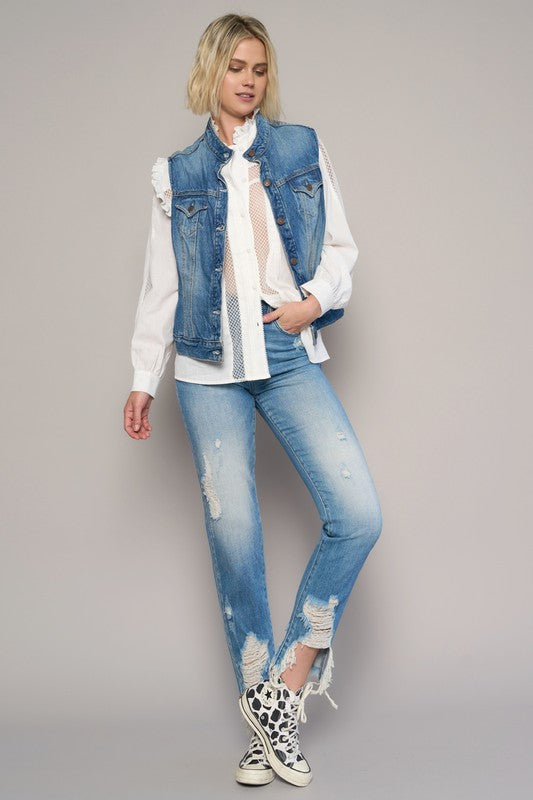 high waist destroyed High Waist Destroyed Hem Boyfriend Jeans MEDIUM (bottom) - shop at us.meeeshop