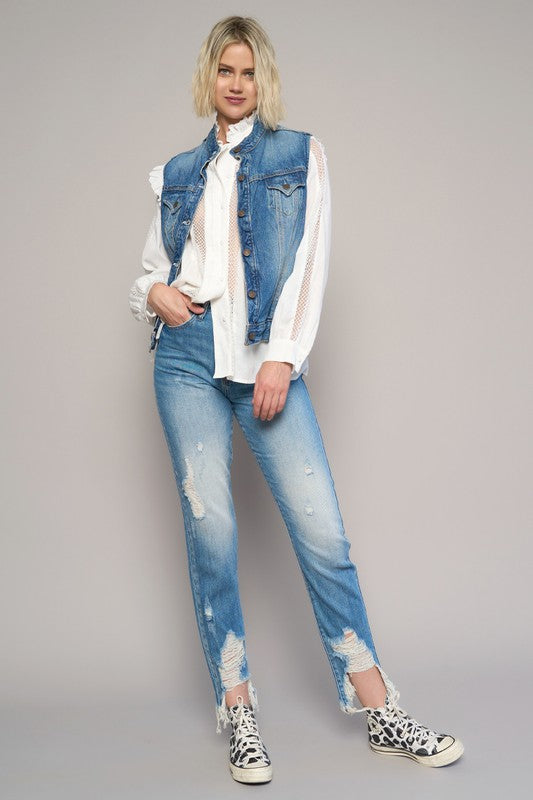 high waist destroyed High Waist Destroyed Hem Boyfriend Jeans view 2 (bottom) - shop at us.meeeshop